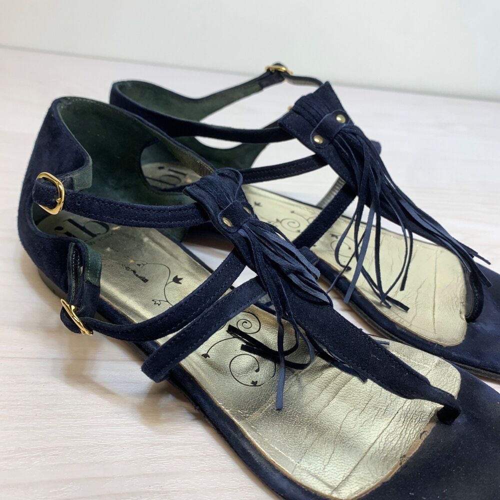 Tibi Fringe Thong Sandals Womens Size 9B Navy Blue Suede Leather - Picture 2 of 12